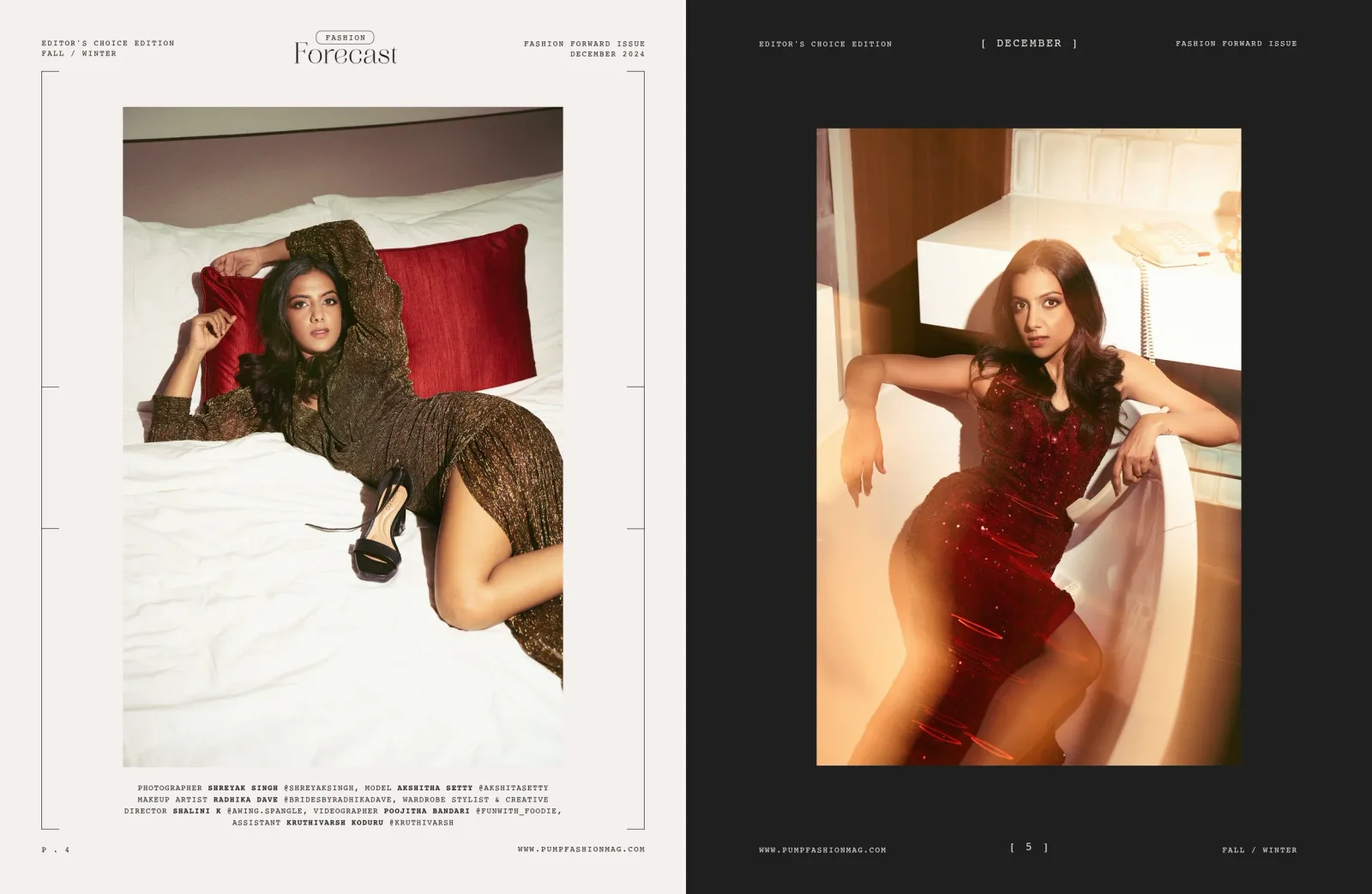 PUMP Magazine December 2024 editorial spread, model on a bed in a sequinned dress, photographed by Shreyak Singh