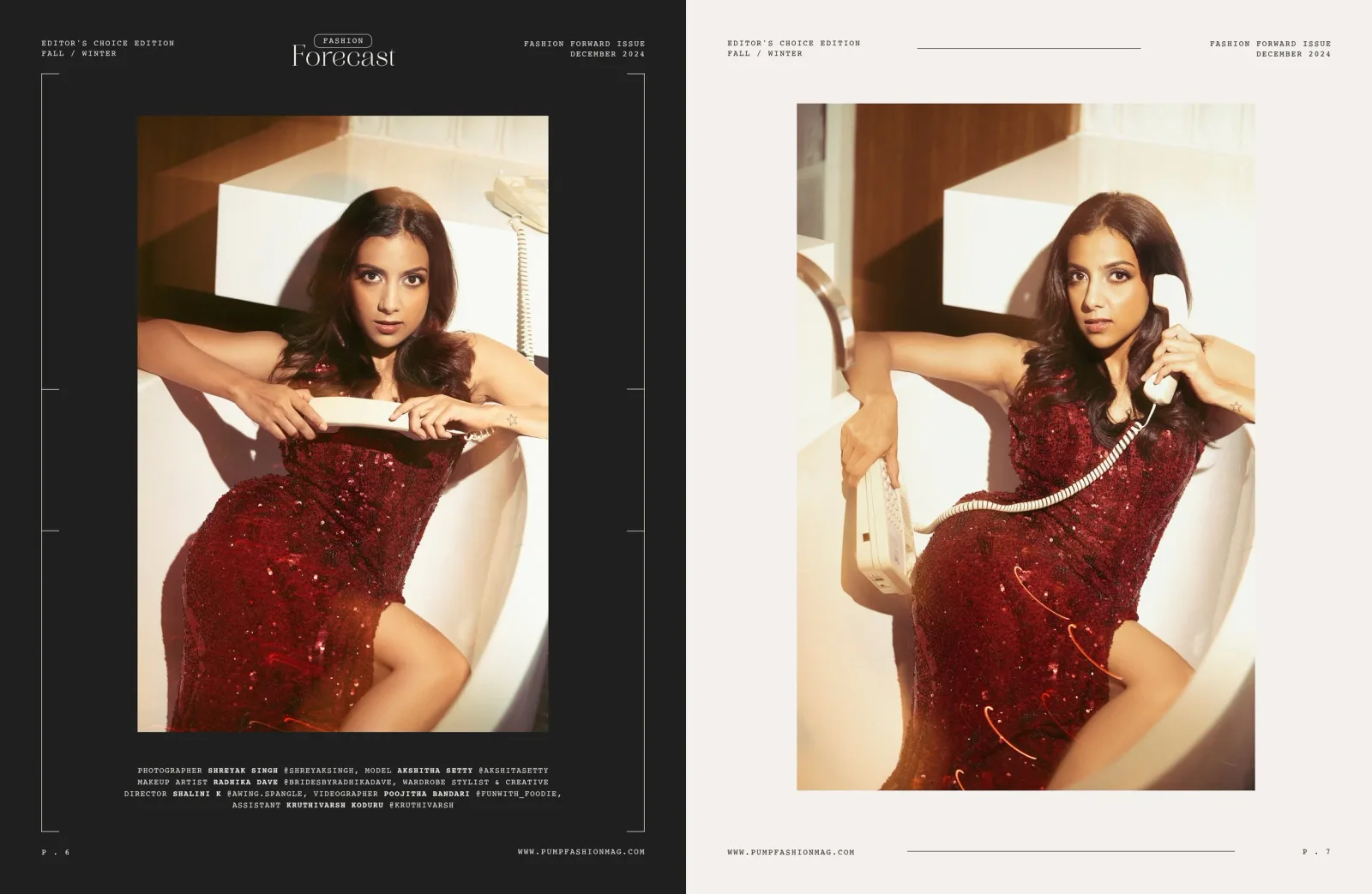 PUMP Magazine December 2024 editorial spread, sequinned dress in a white bathroom set, photographed by Shreyak Singh