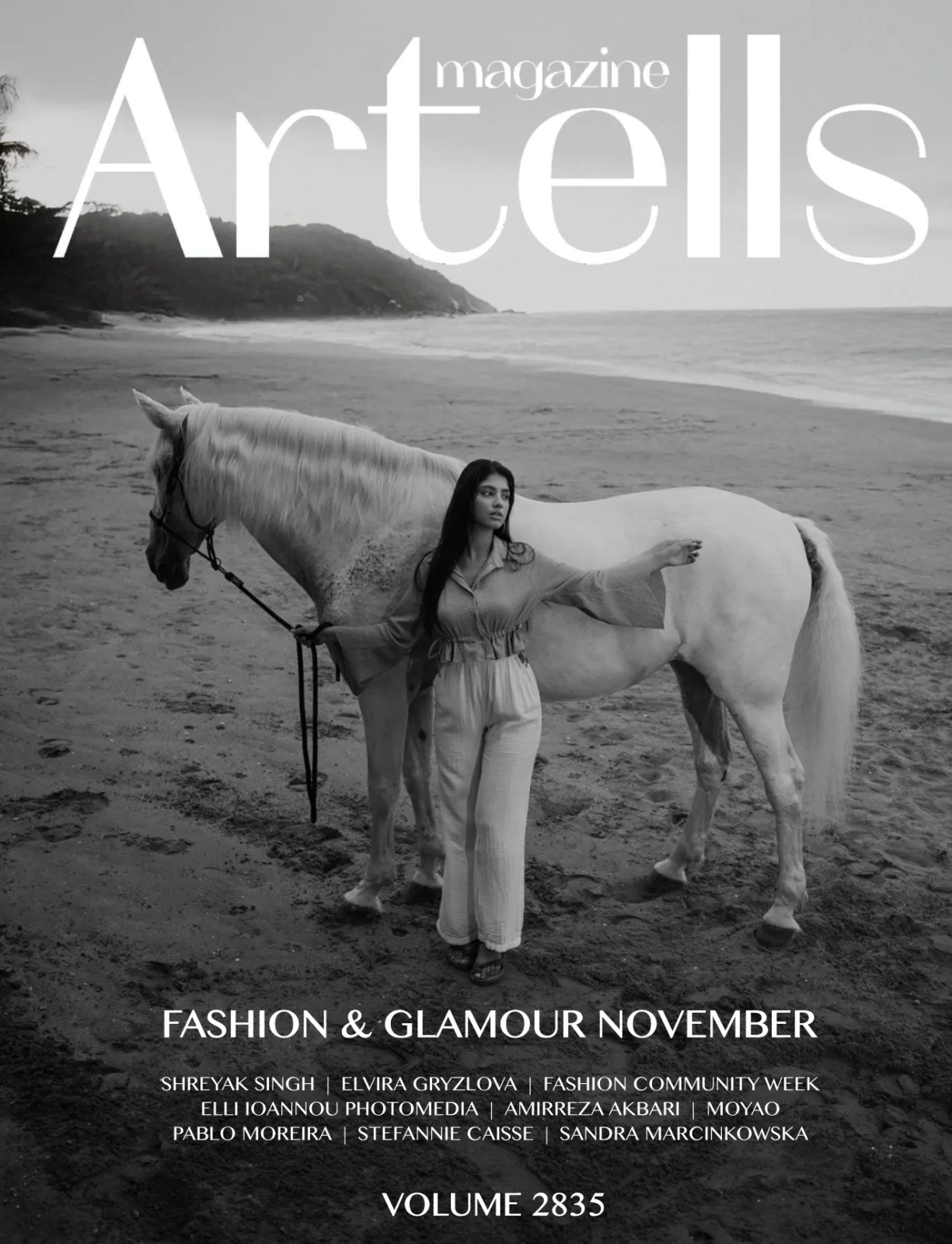 PUMP Magazine December 2024 single page, model reclining on a white set, photographed by Shreyak Singh