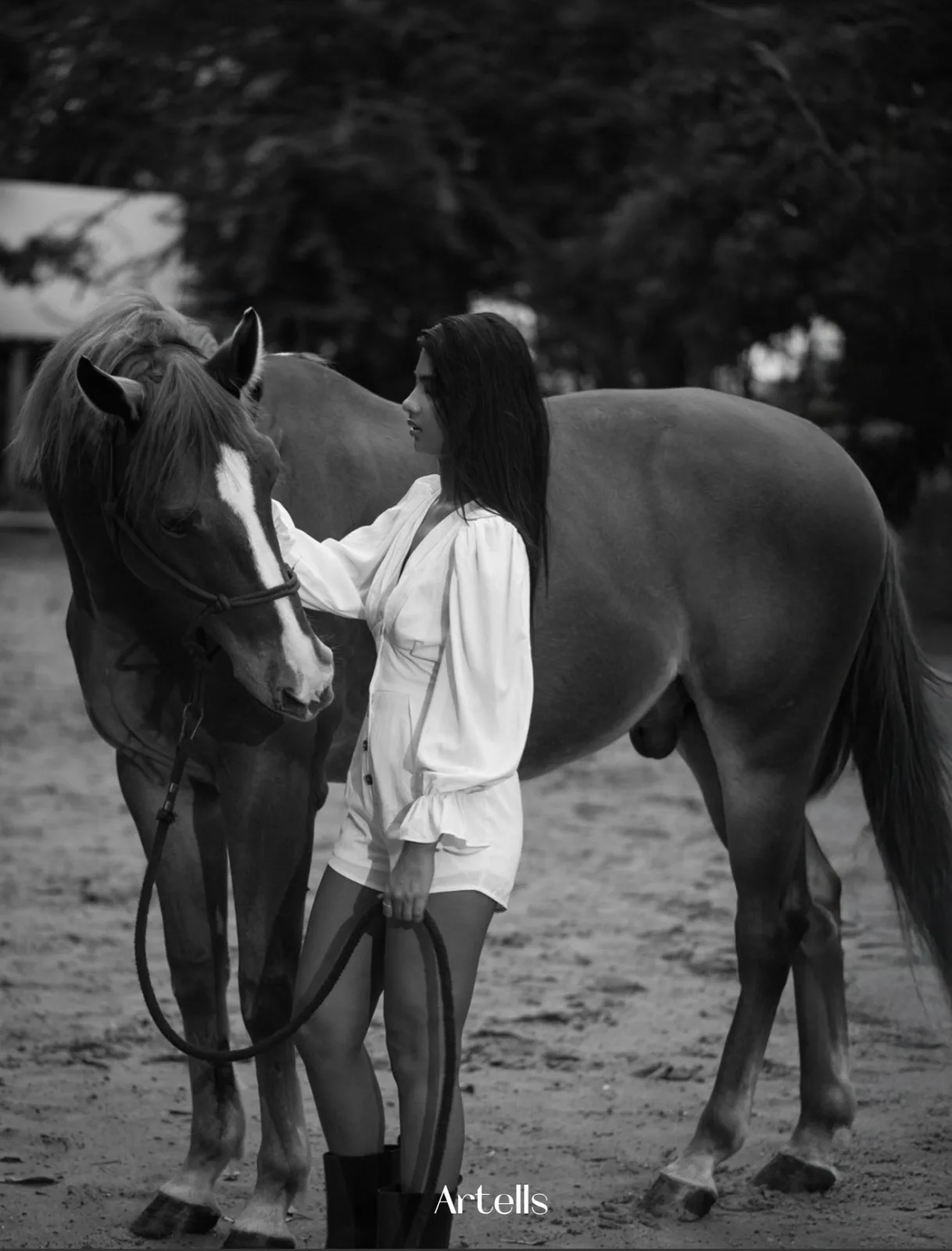 Artells Magazine "Galloping Grace" opening spread, black and white equestrian editorial, photographed by Shreyak Singh