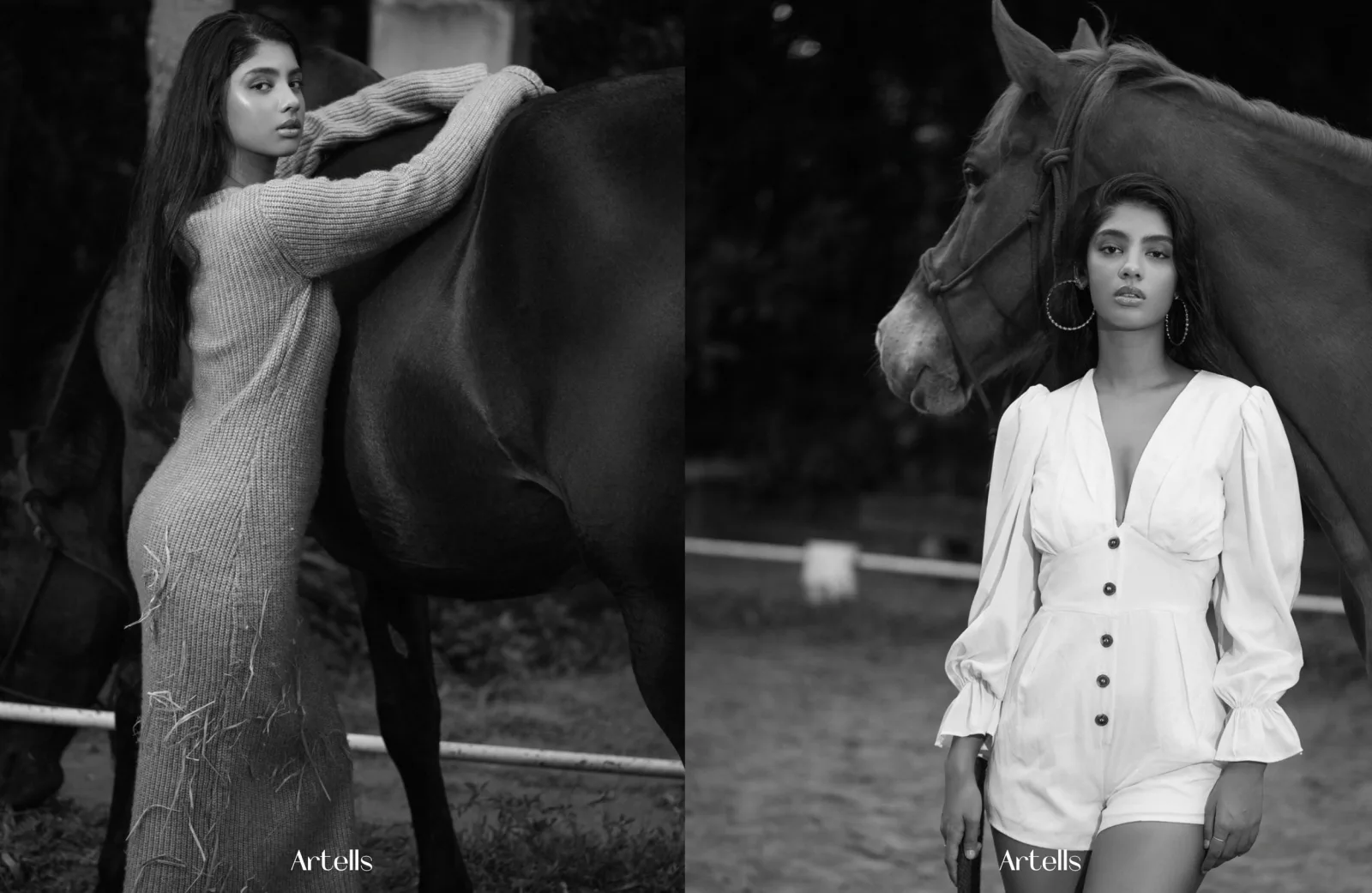 Artells Magazine "Galloping Grace" black and white page, model embracing a horse, photographed by Shreyak Singh