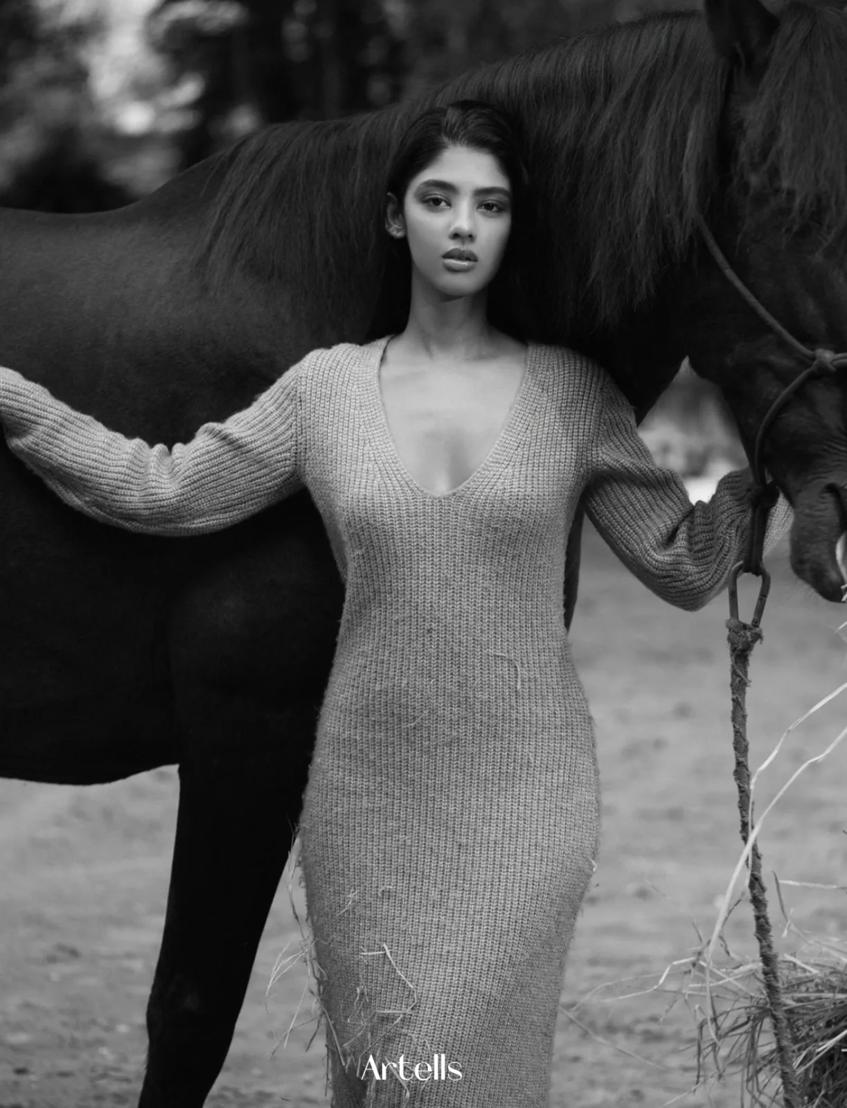 Artells Magazine "Galloping Grace" spread, model with a brown horse in a field, photographed by Shreyak Singh