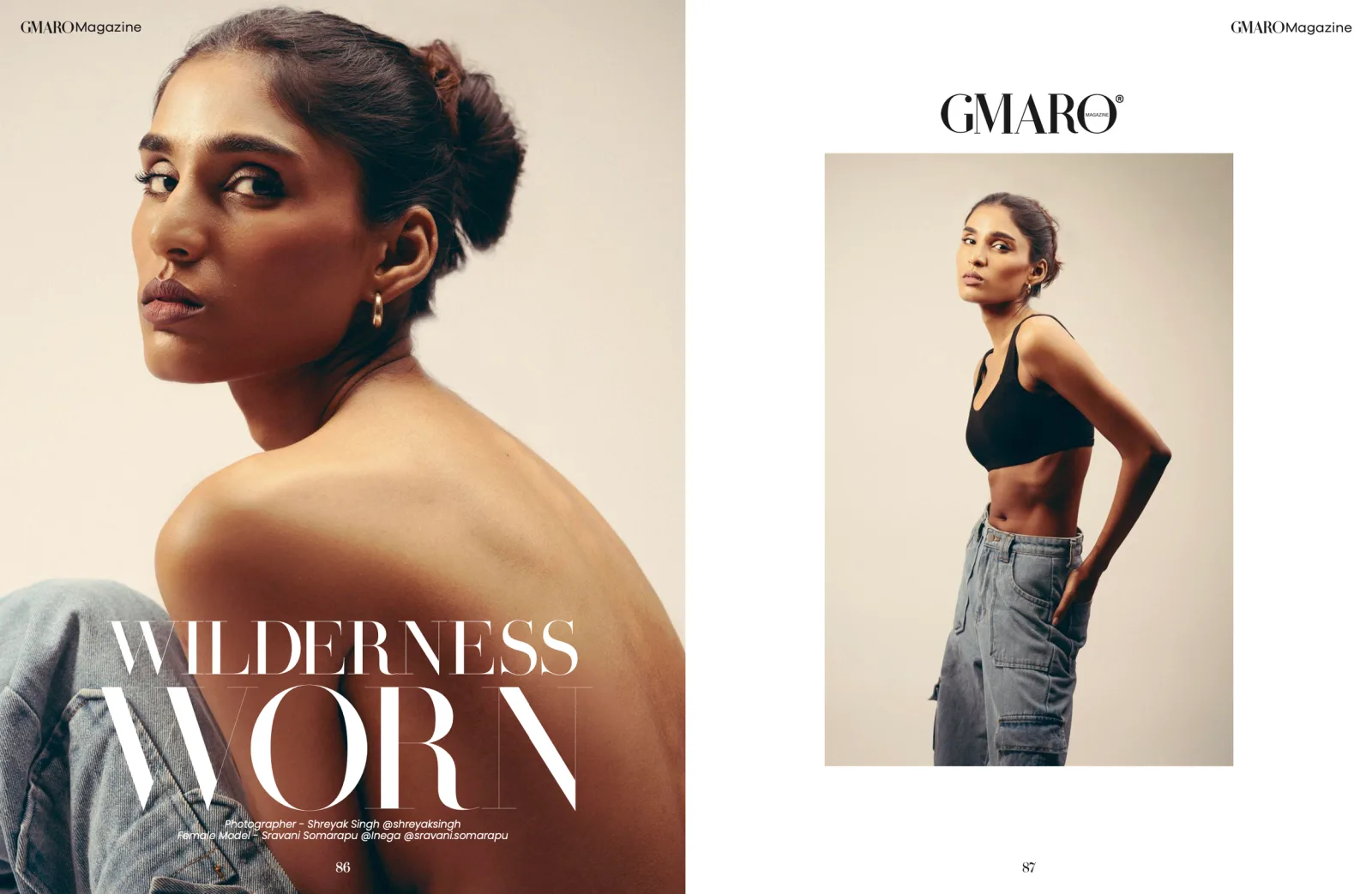 Artells Magazine "Galloping Grace" page, model in a knit dress beside a horse, photographed by Shreyak Singh