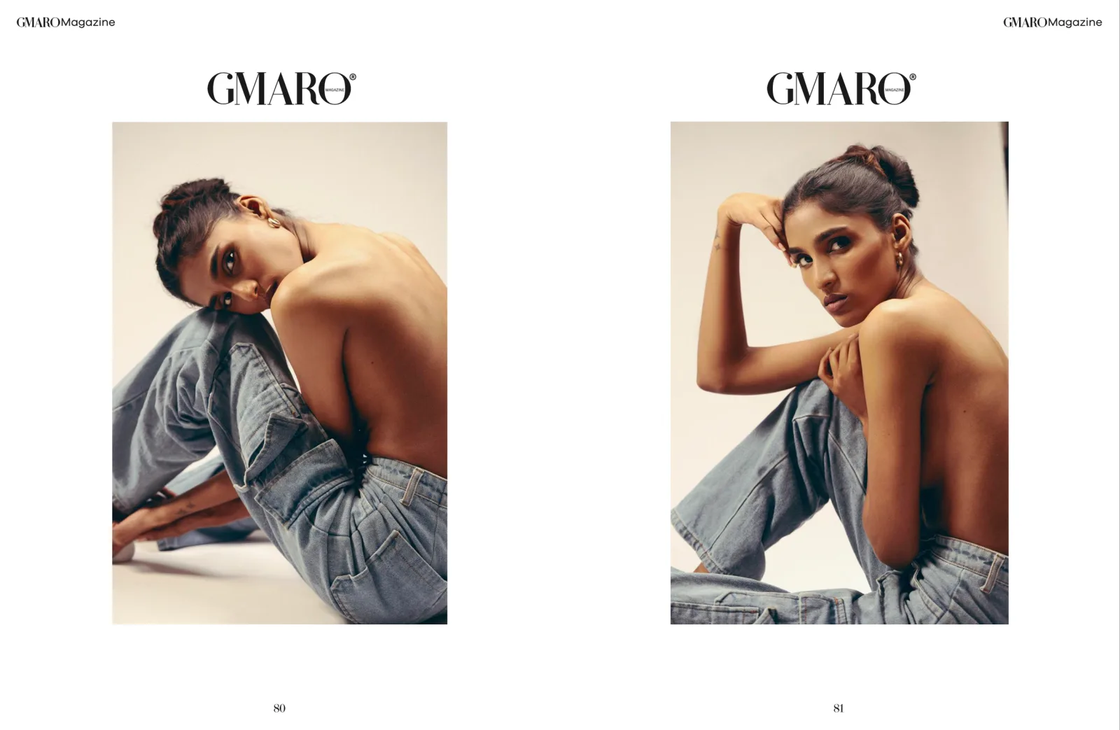 GMARO Magazine "Wilderness Worn" spread, backless denim look, photographed by Shreyak Singh