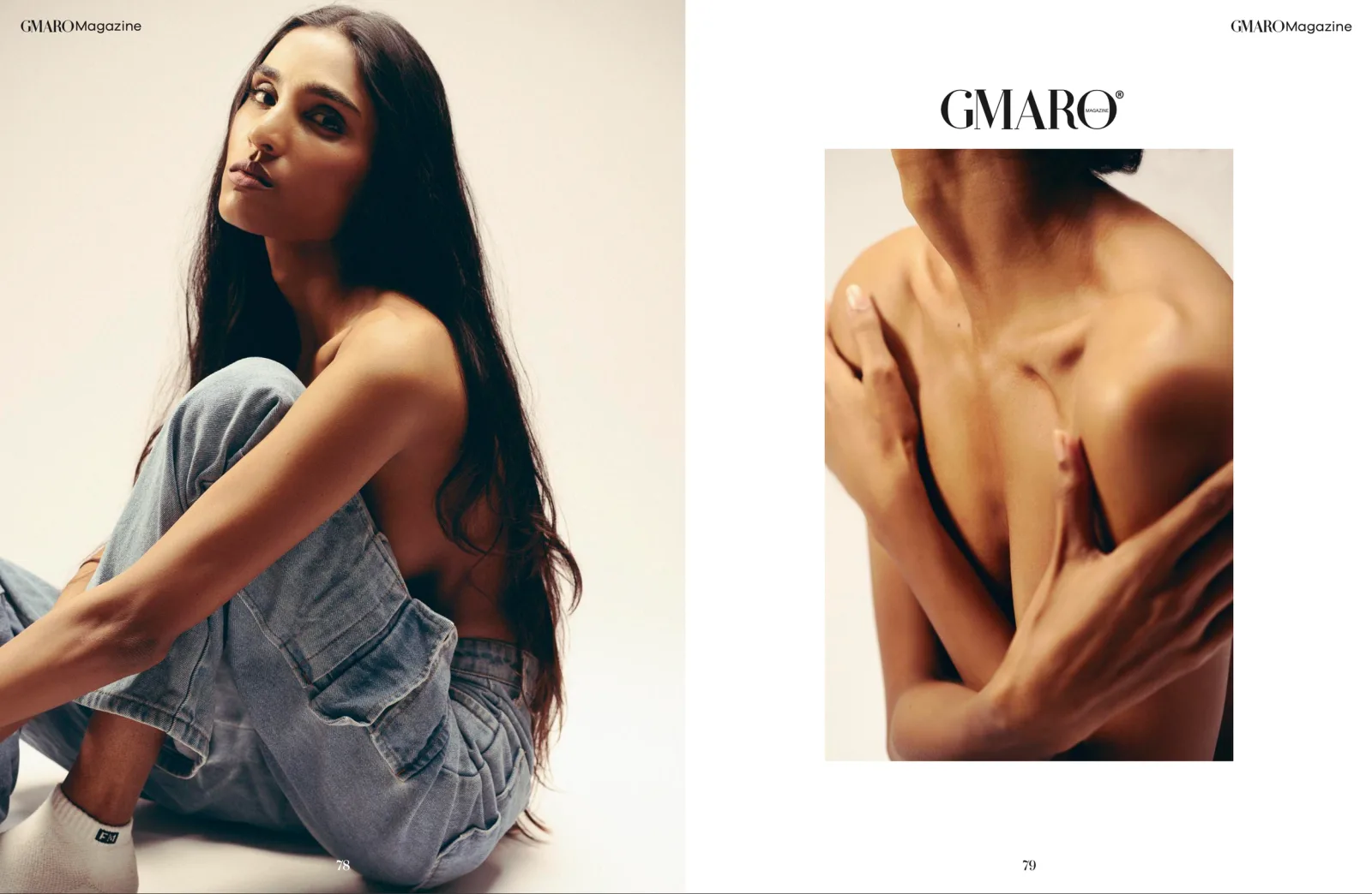 GMARO Magazine "Wilderness Worn" spread, model on the floor in wide denim, photographed by Shreyak Singh