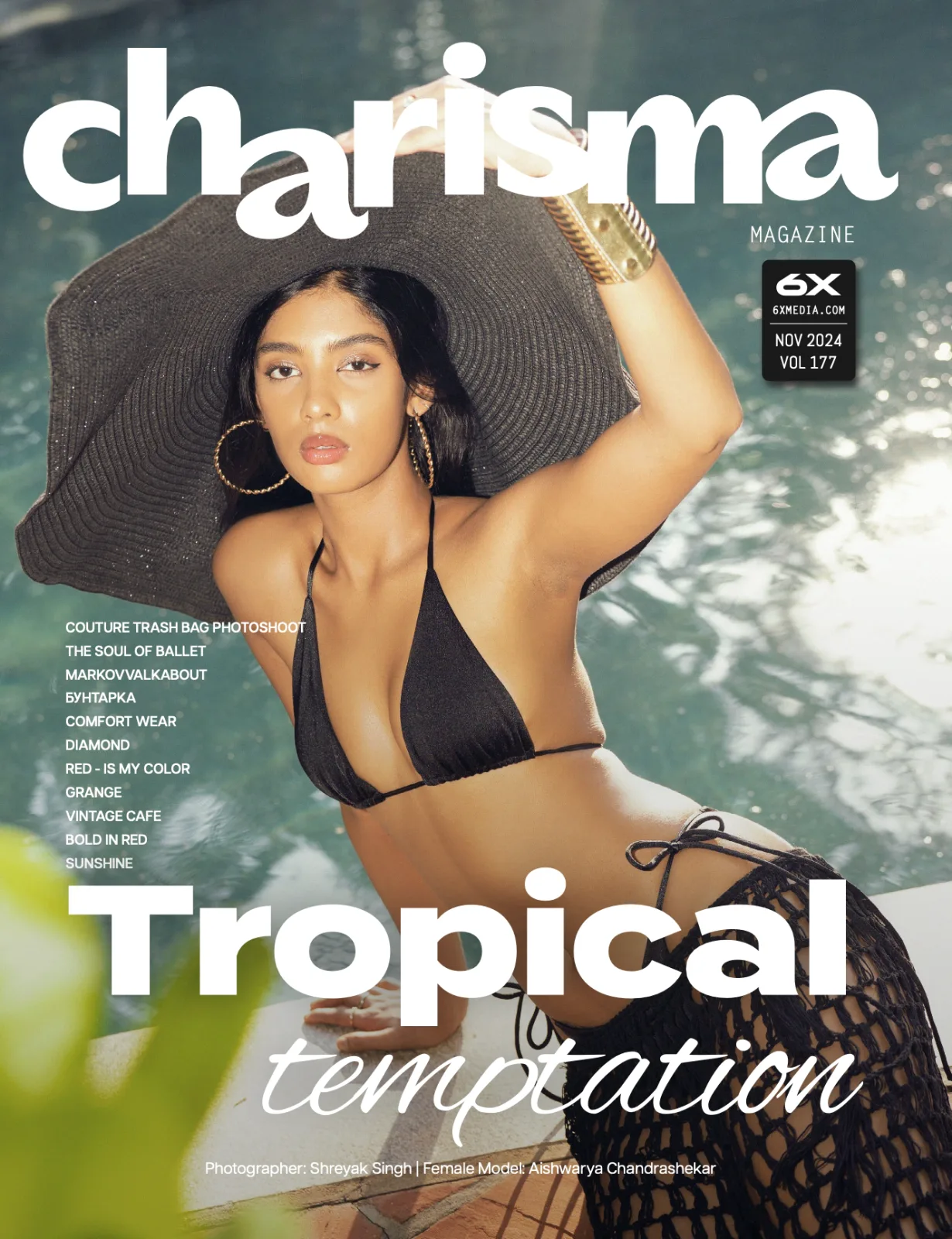 Charisma Magazine "Tropical Temptation" cover, poolside swimwear editorial, photographed by Shreyak Singh