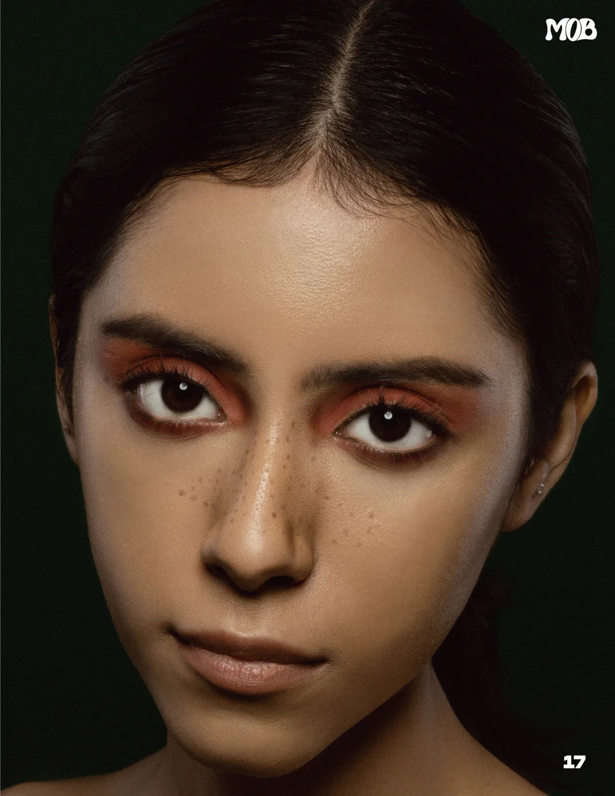 MOB Magazine "Soleil Écarlate" beauty portrait with amber eyeshadow, photographed by Shreyak Singh