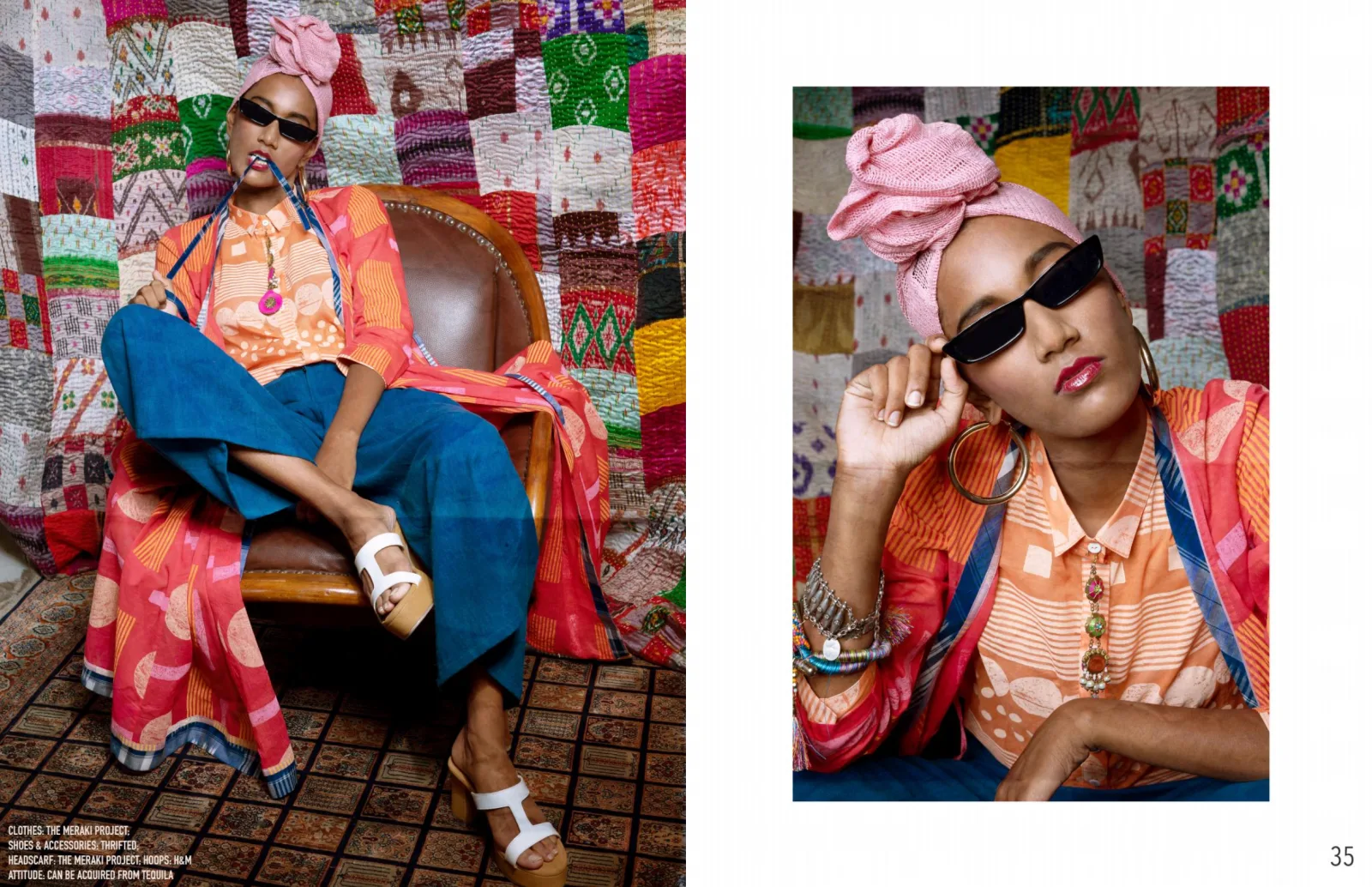 The Meraki Project "The Colorism Issue" cover, model in a patchwork outfit splashing water, photographed by Shreyak Singh