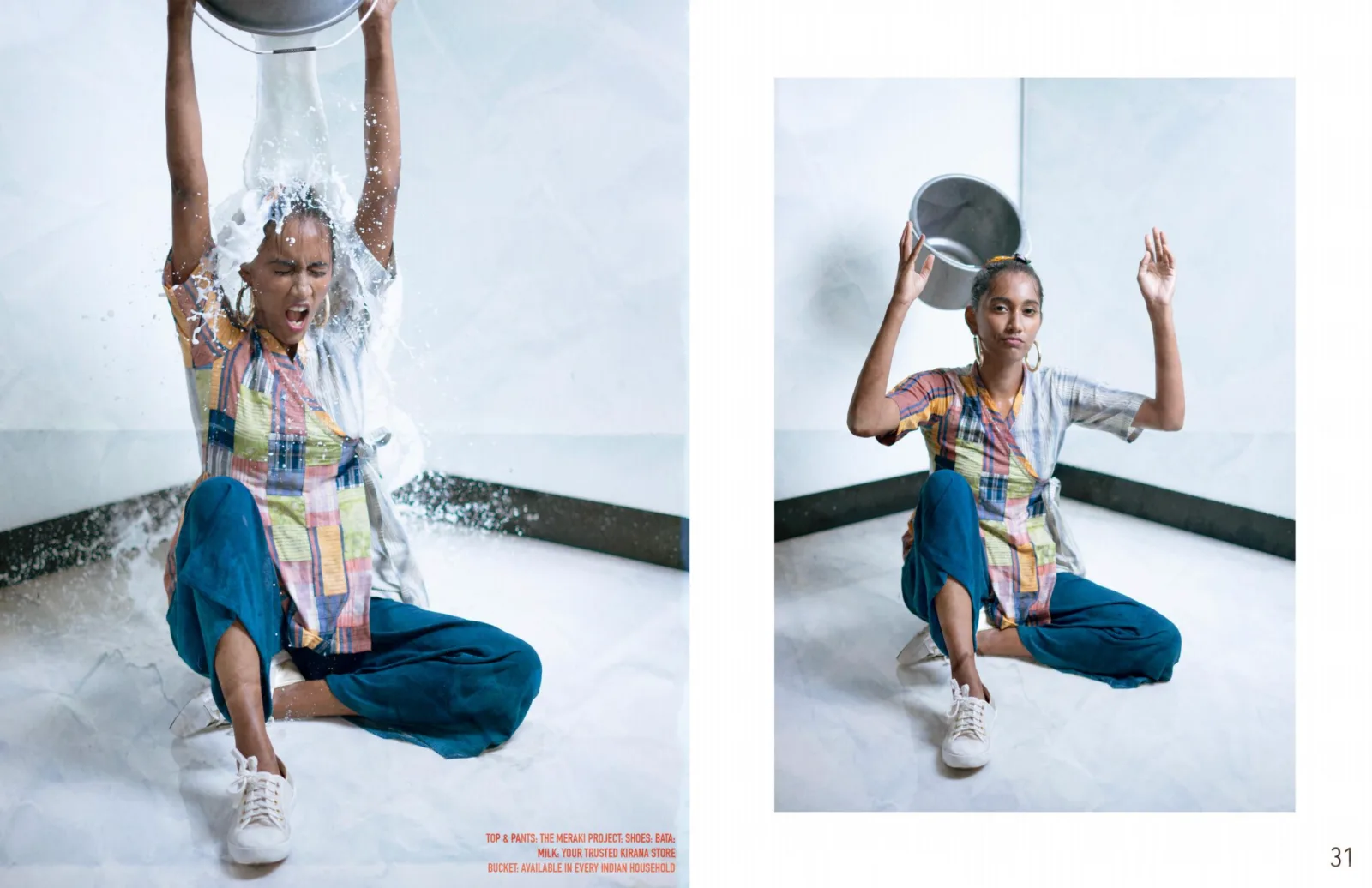 The Meraki Project editorial page, model in a blue shirt and yellow dress in a kitchen, photographed by Shreyak Singh