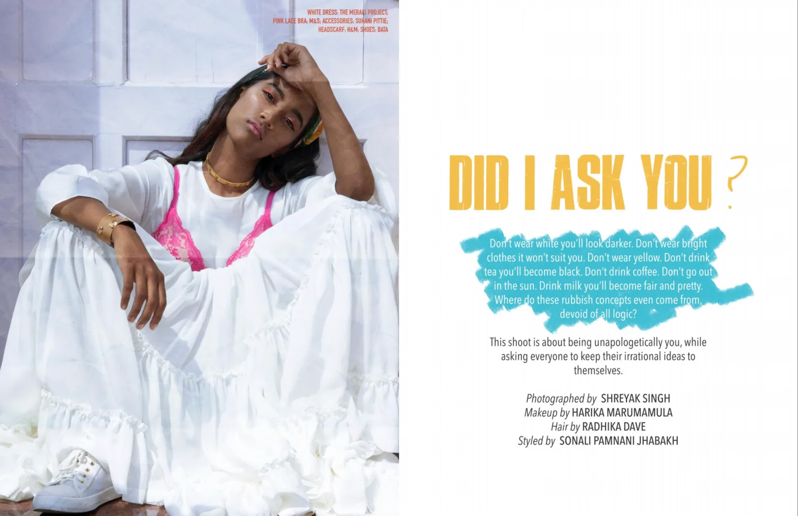The Meraki Project editorial spread, model seated on the floor splashing water, photographed by Shreyak Singh