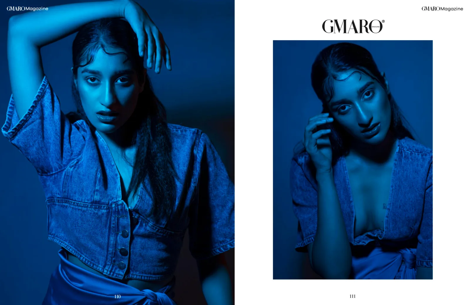 GMARO Magazine editorial opening spread, golden-lit portrait of Vashima Gautam, photographed by Shreyak Singh