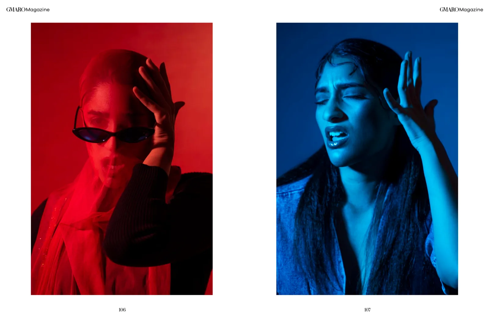 GMARO Magazine editorial spread in red and blue gel lighting, photographed by Shreyak Singh